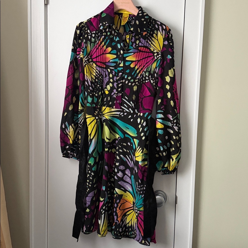 Catherine Malandrino Silk Colorful Button Long sleeve belted Knee Length dress 6